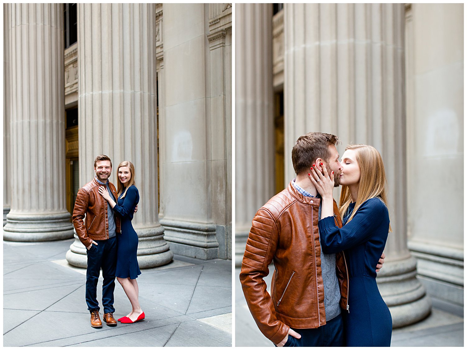Couple posing for engagement photos outside the Chicago Board of Trade Building