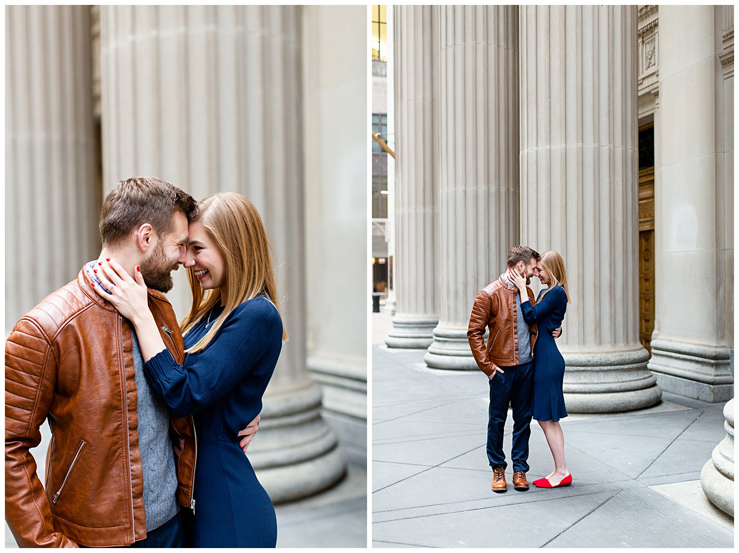 Couple posing for engagement photos outside the Chicago Board of Trade Building