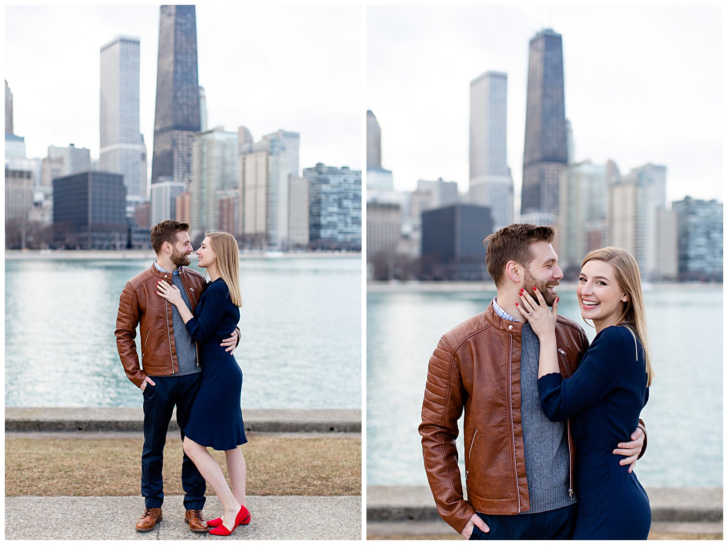Couple posing for engagement photos at Olive Park in Chicago