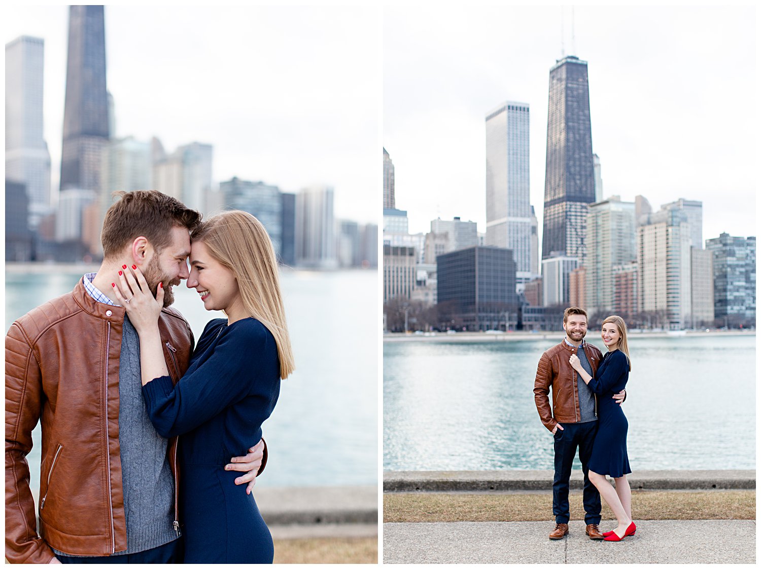 Couple posing for engagement photos at Olive Park in Chicago