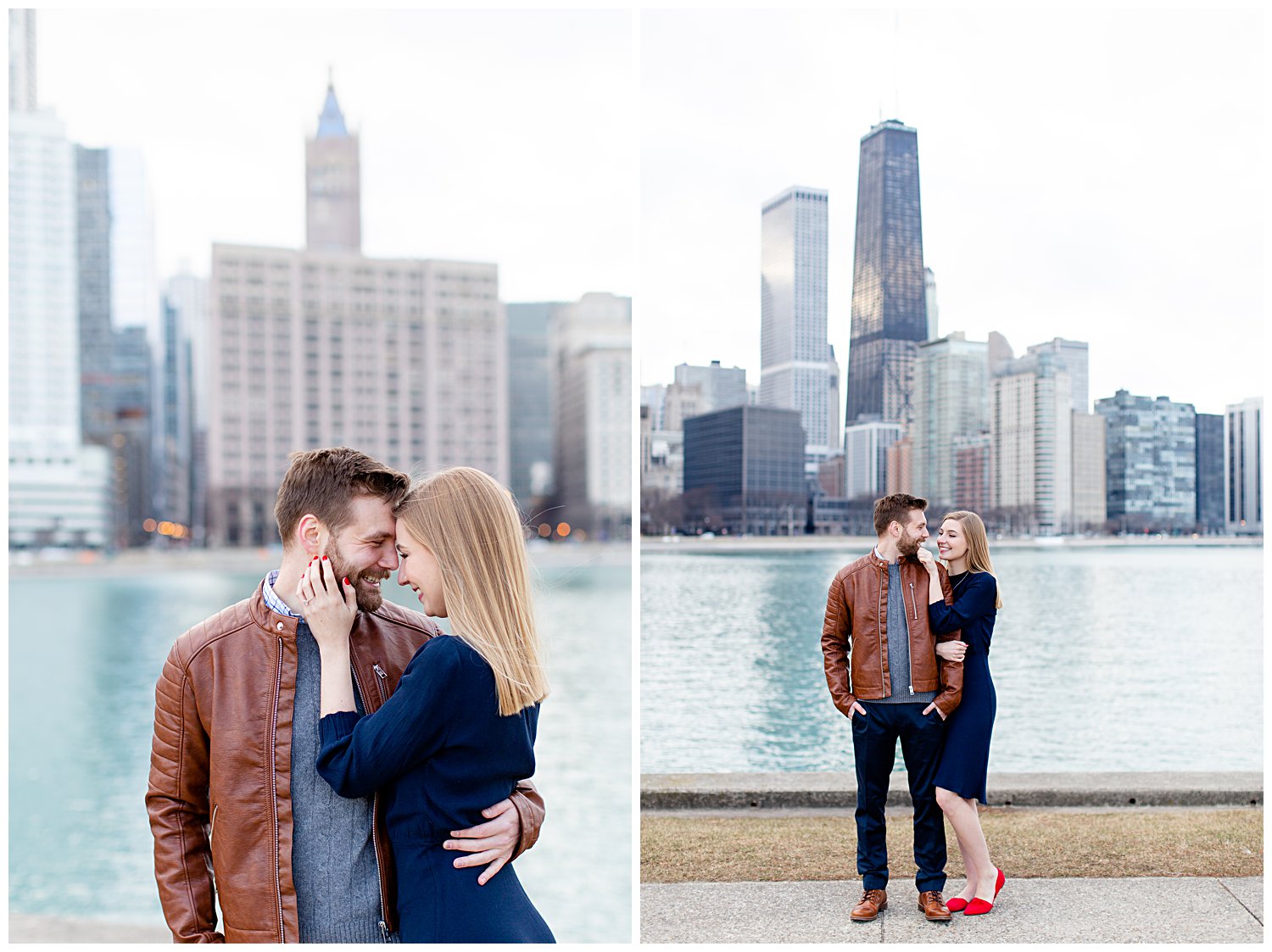 Couple posing for engagement photos at Olive Park in Chicago