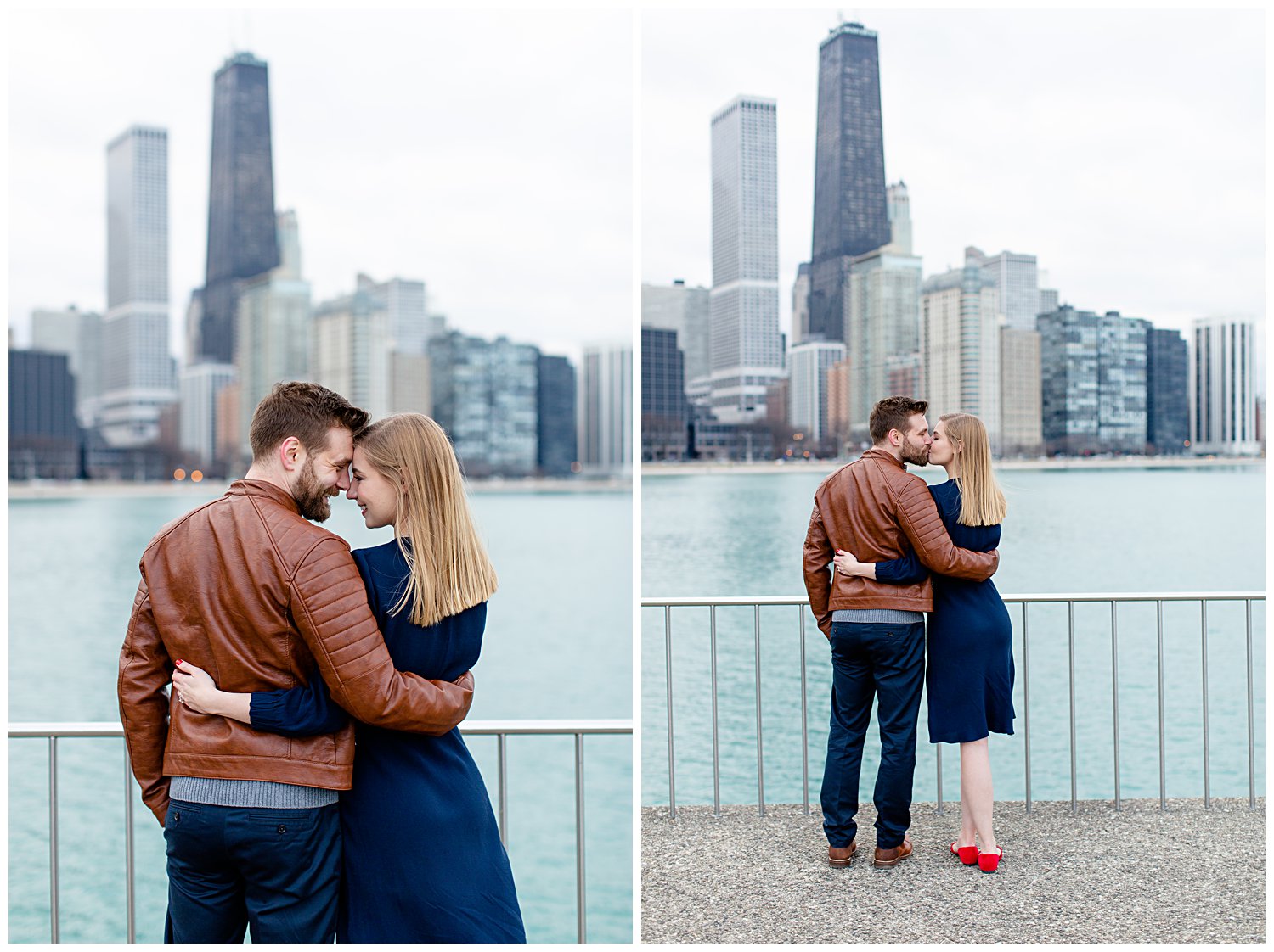 Couple posing for engagement photos at Olive Park in Chicago