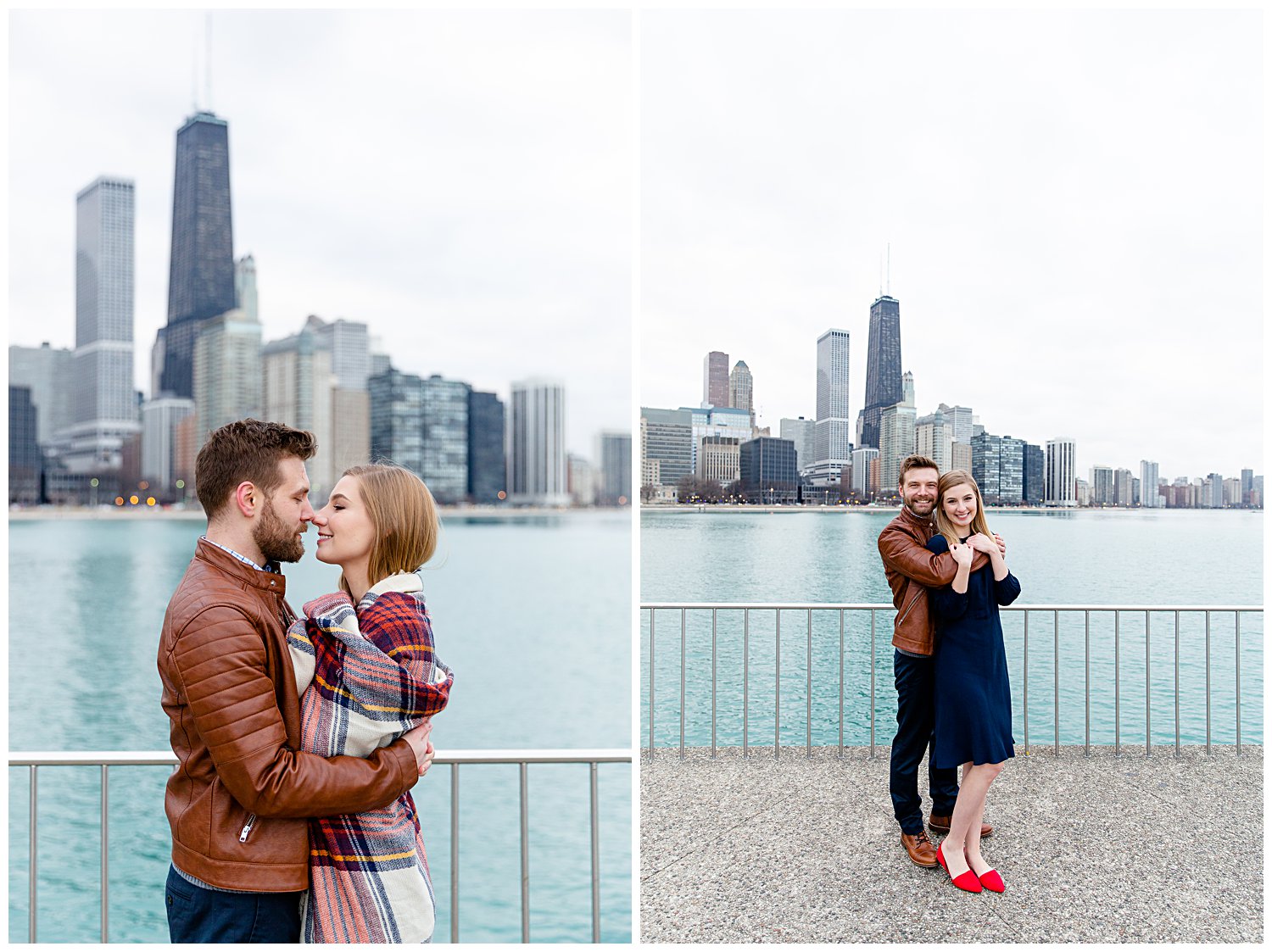 Couple posing for engagement photos at Olive Park in Chicago