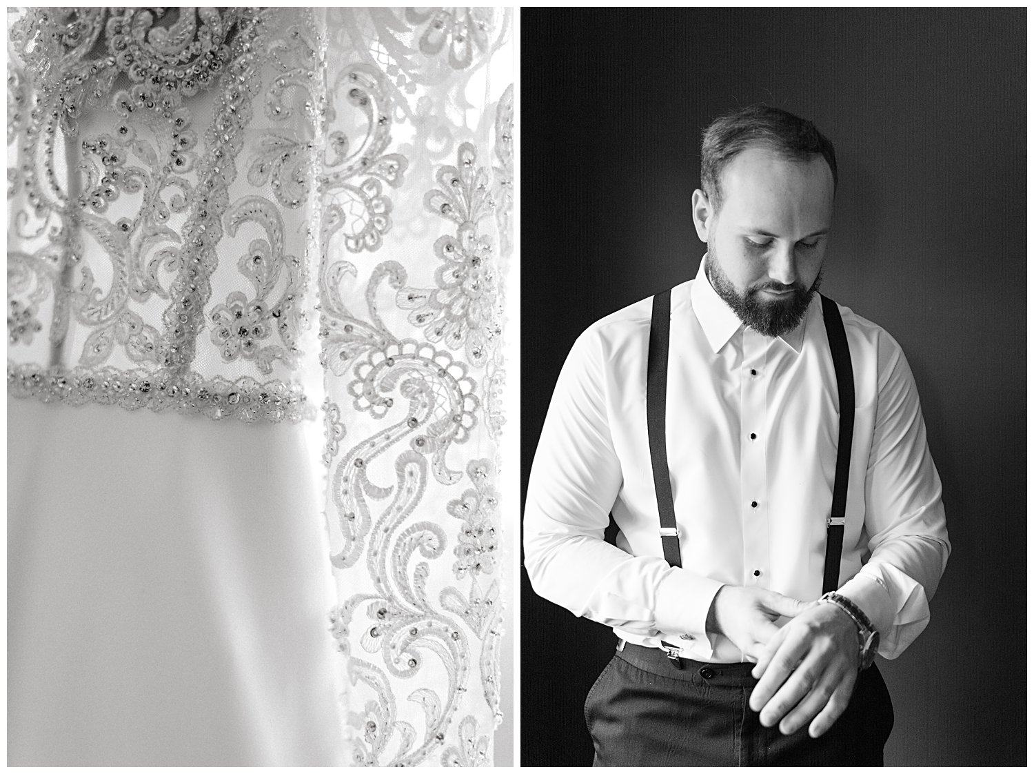 black and white photo of dress and groom putting on watch