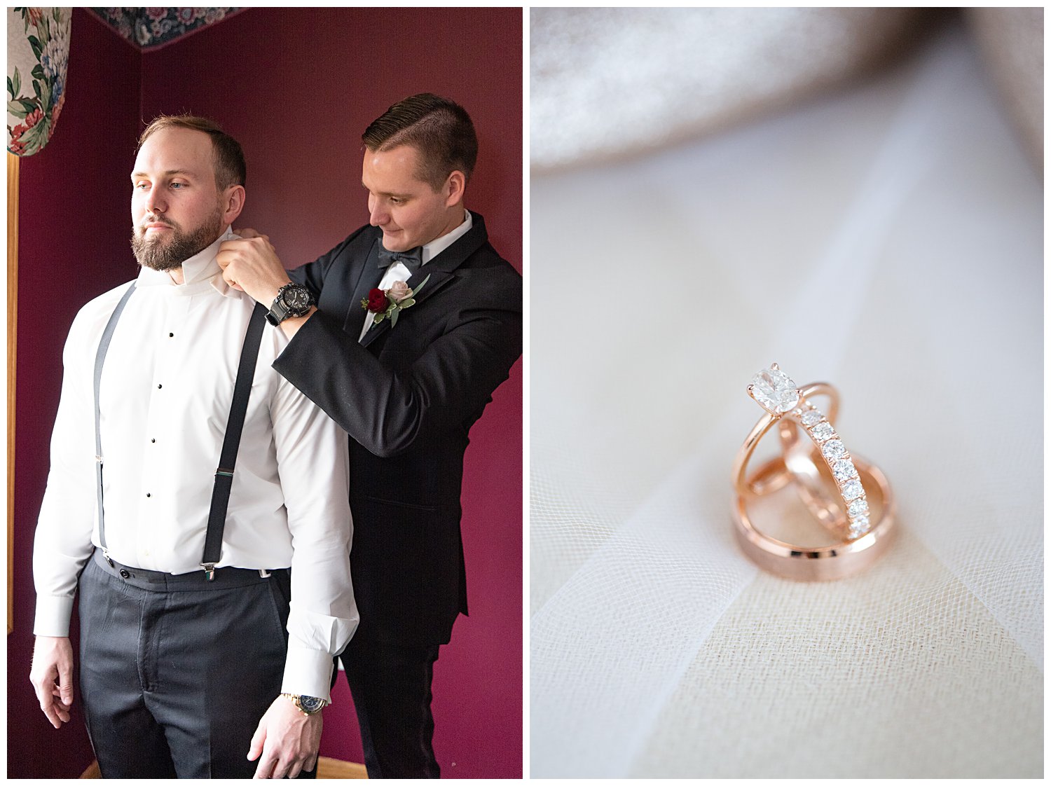 groom getting on bow tie and rings