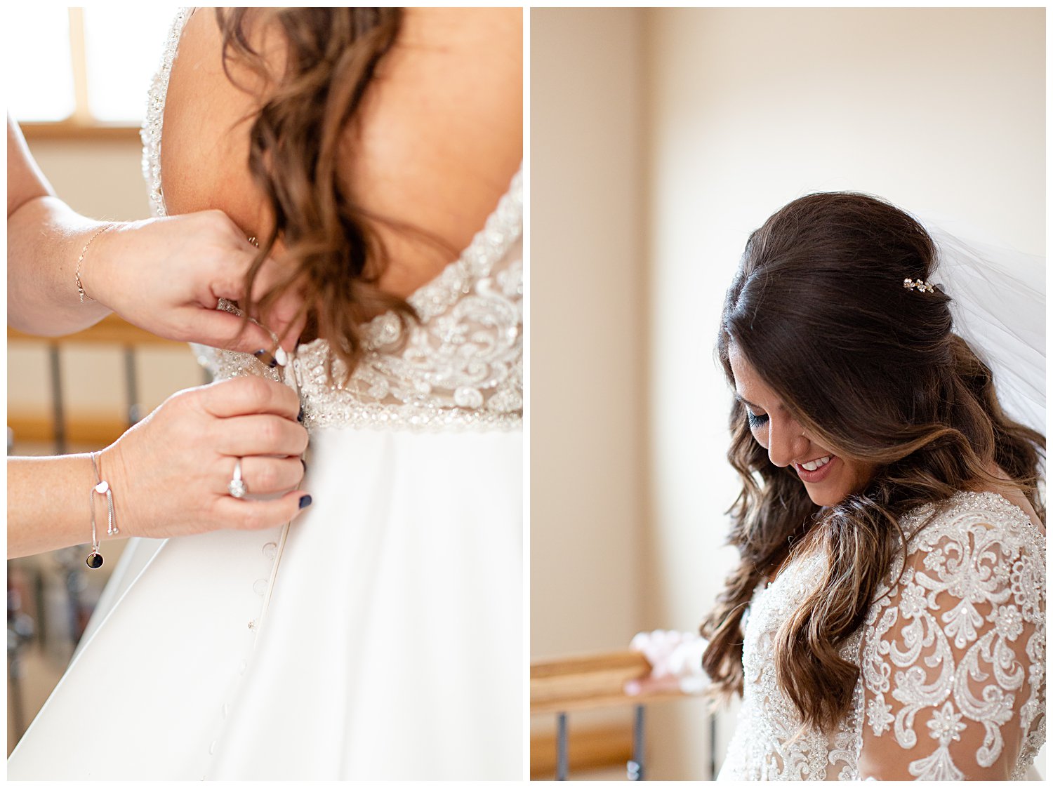 bride getting wedding dress on