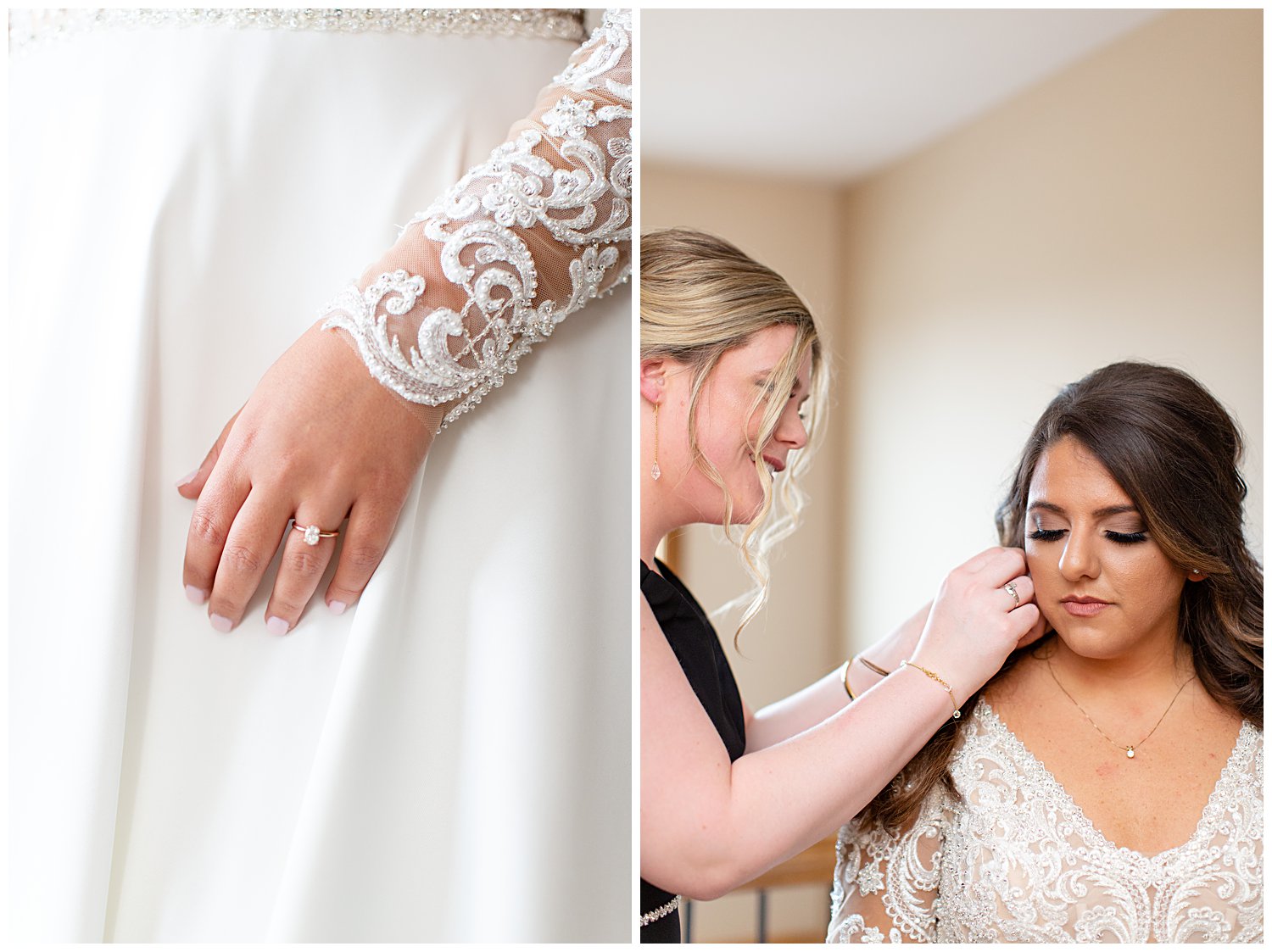 bride getting on jewelry