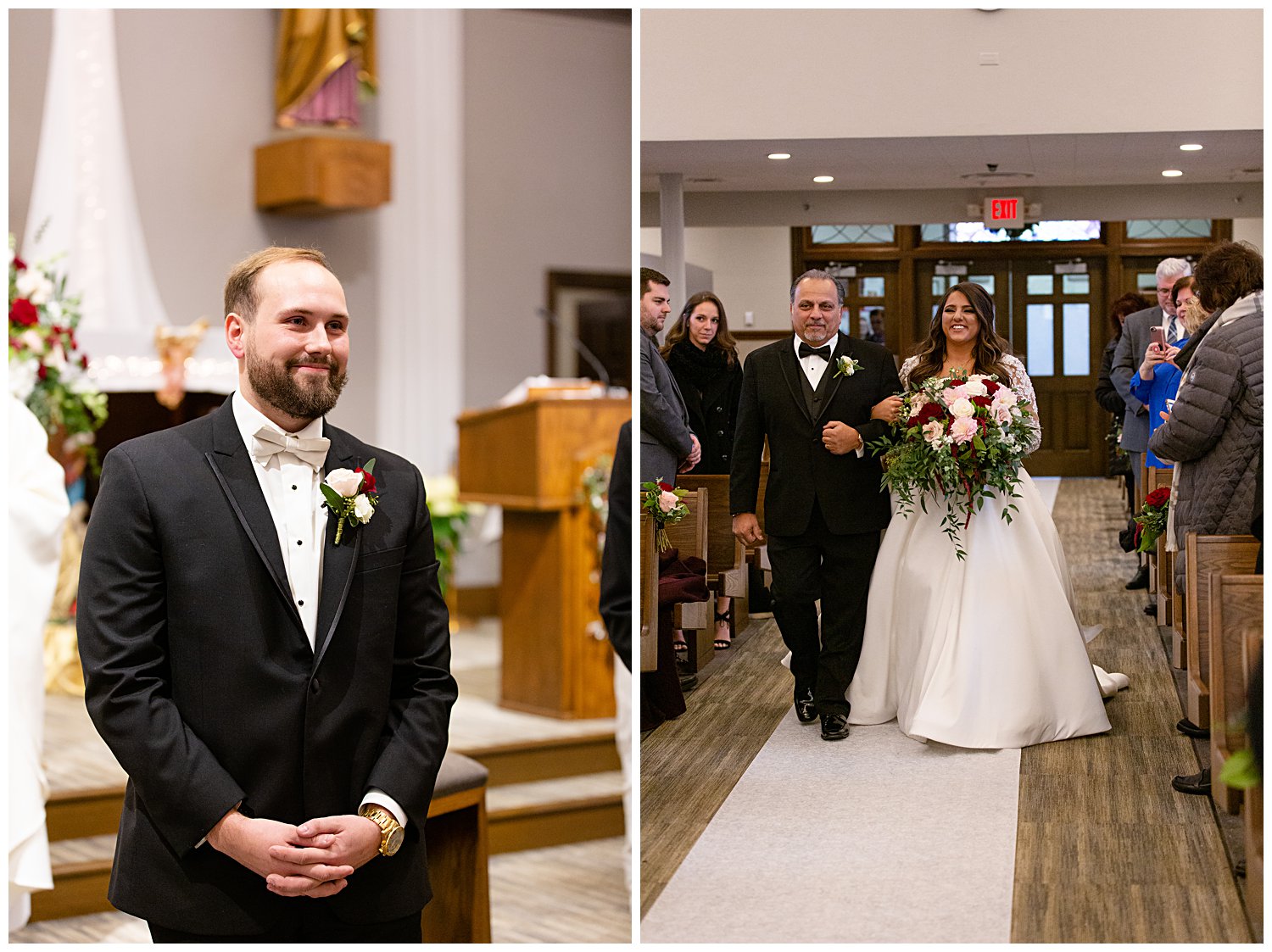 bride walking down aisle and groom smiling