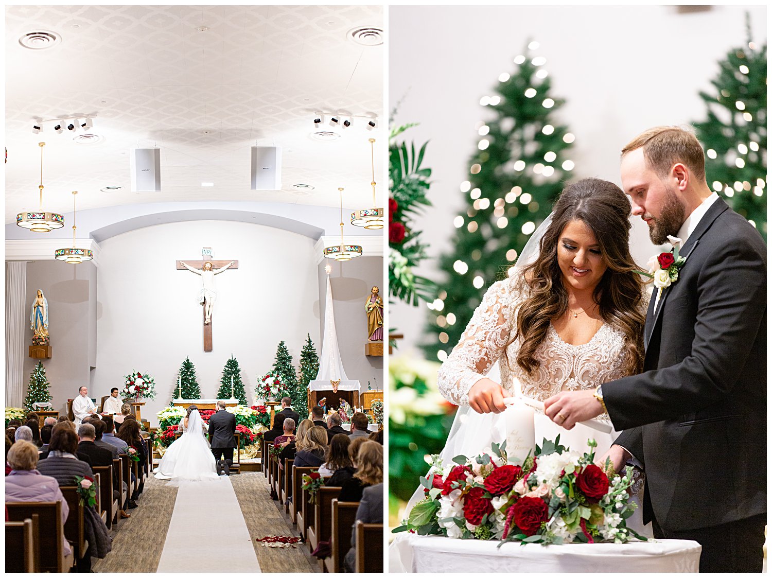 couple praying and lighting unity candle