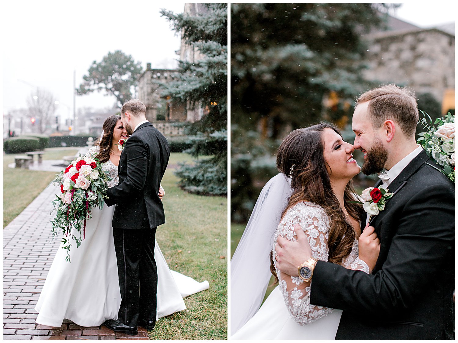 portrait outside Haley Mansion of couple in the snow
