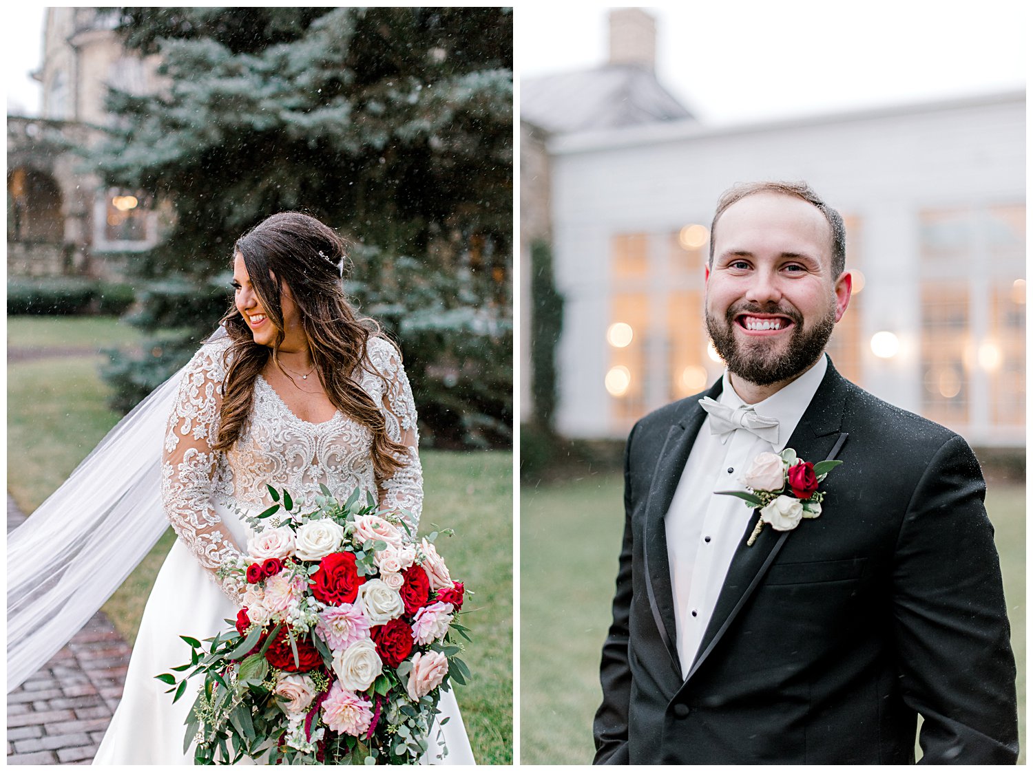 portrait outside Haley Mansion of couple in the snow