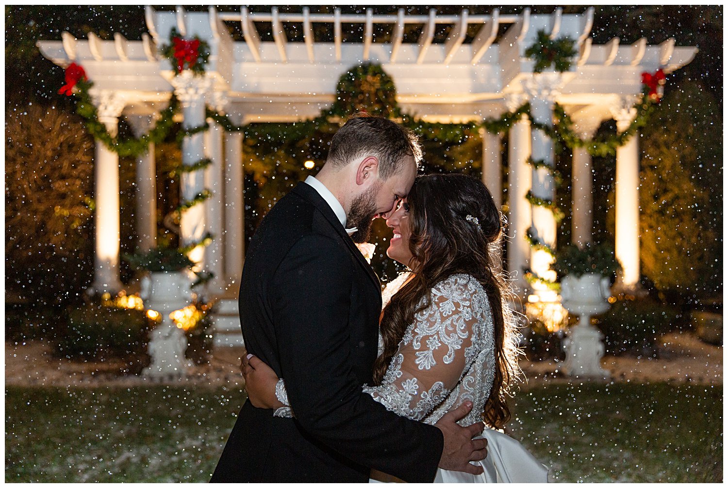 couple outside in the snow at The Haley Mansion