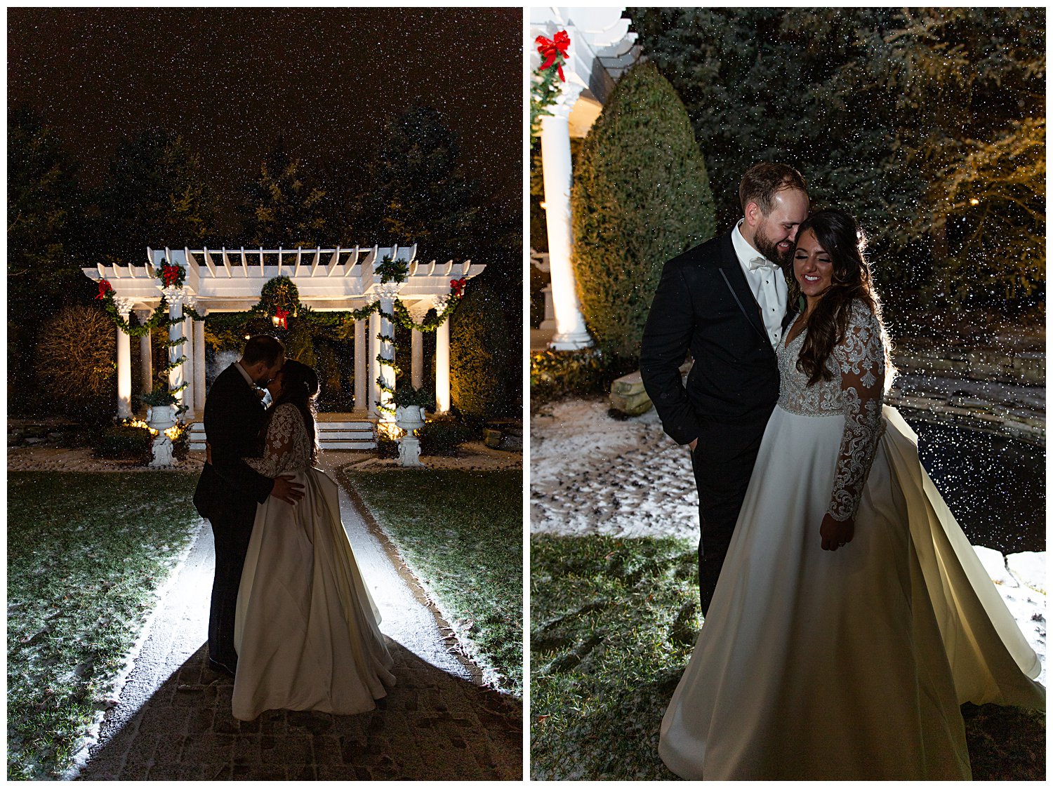 couple kissing outside in the snow at The Haley Mansion