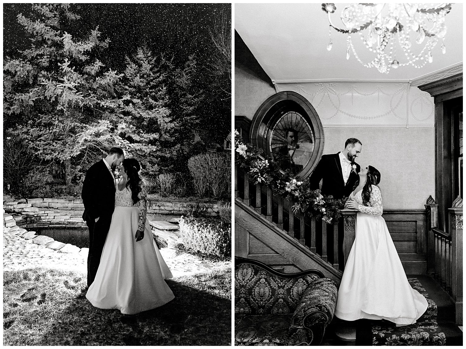 couple outside in the snow at The Haley Mansion