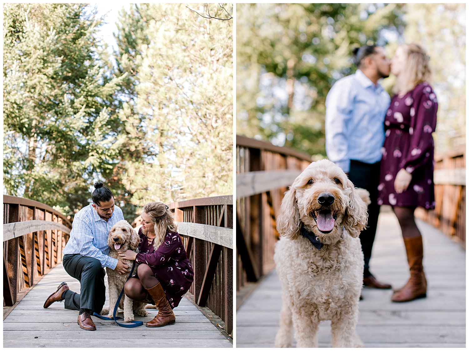 couple posing with their dog during their engagement session